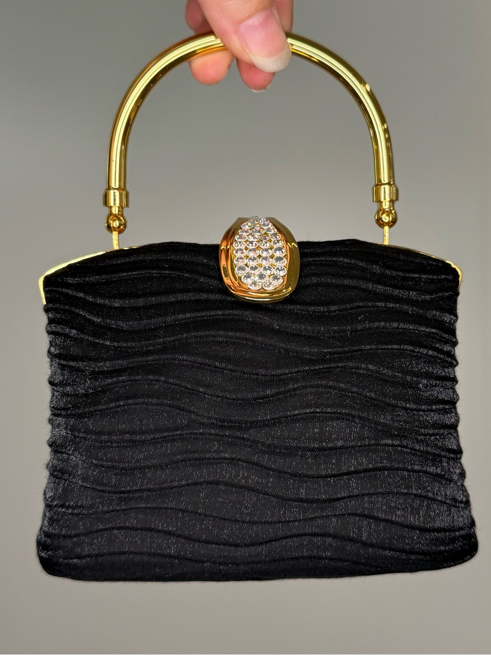 Black Satin Evening Handbag with Gold Crossbody Chain
